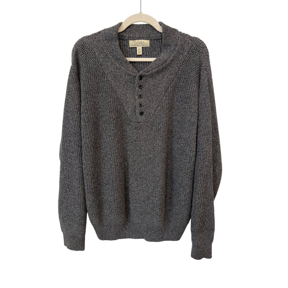 Cabelas Marled Henley Sweater Size Medium Vintage Long Sleeve Gray Cotton Knit